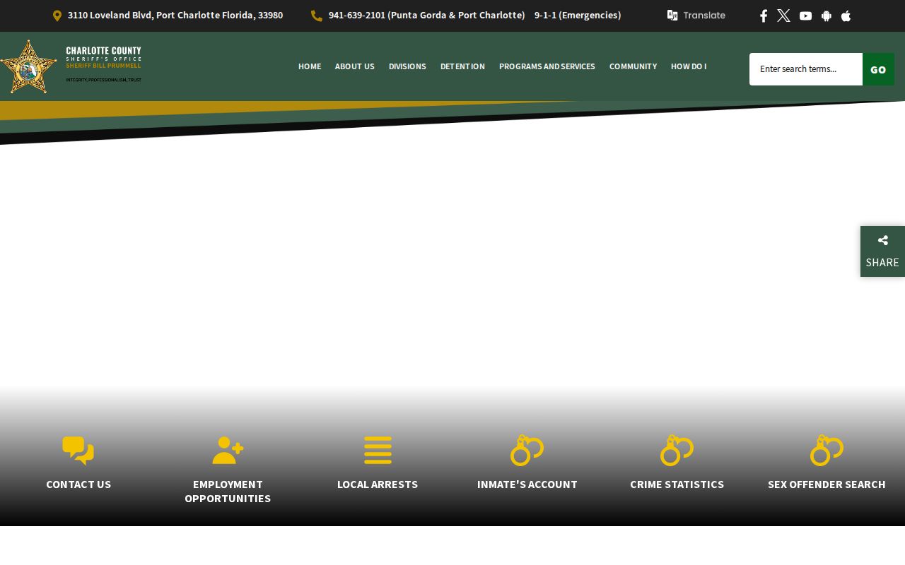 Charlotte County Sheriff's Office official website navigation for arrest and jail services