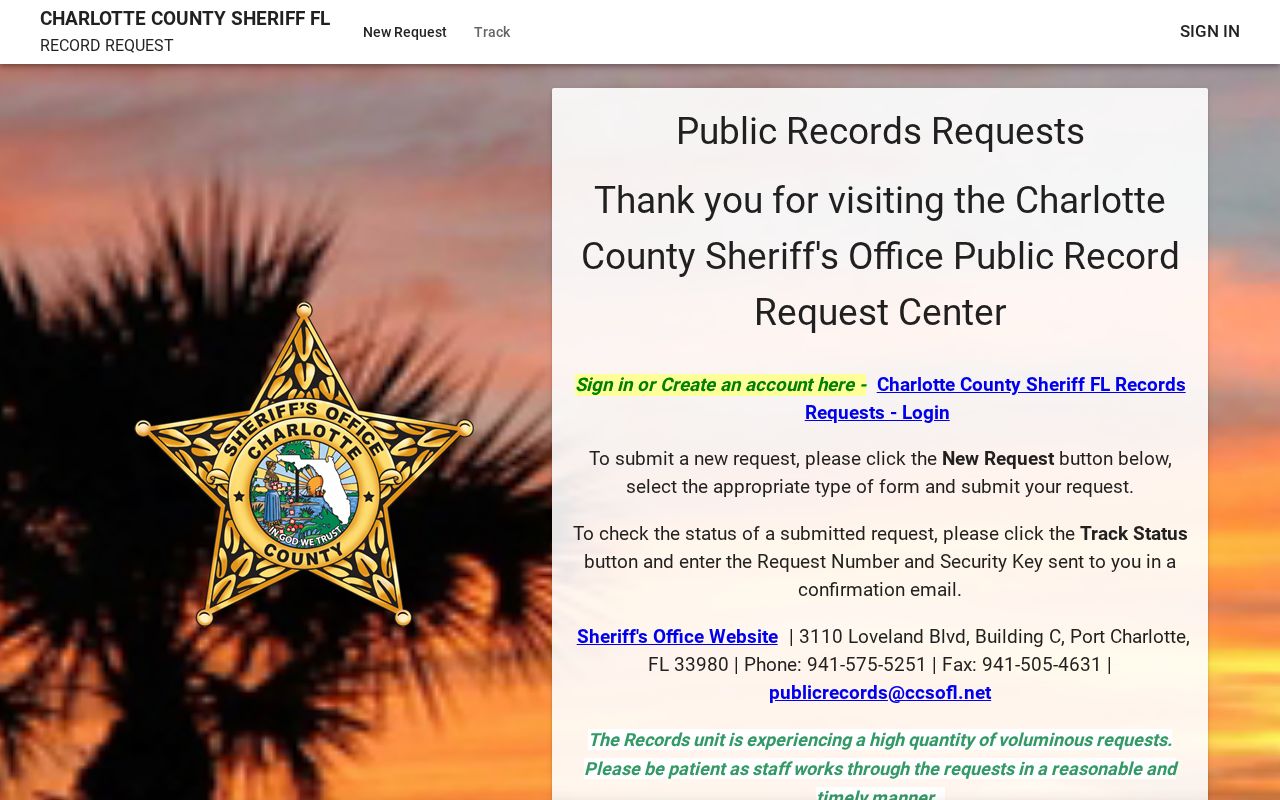 Charlotte County Sheriff's Office JustFOIA new public records request page